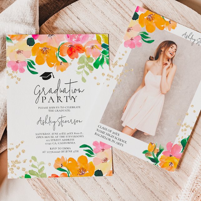 Convites Graduação de fotobbotânica com brilho Dourado (Gold glitter floral photo botanical graduation invitation)