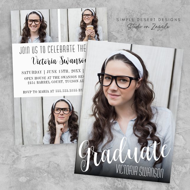 Convites Graduação de Fotografias com Script Branco e Preto (Trendy Simple Modern Black and White Graduation Invitation Announcement for High School or College)