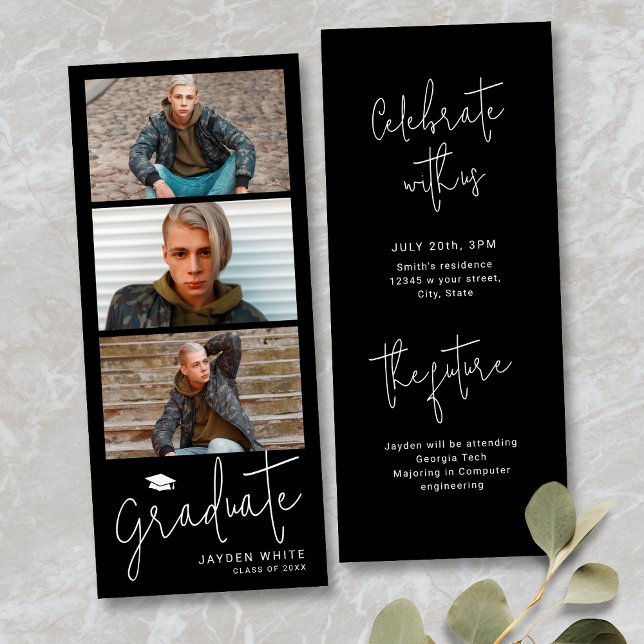 Convites Graduação de Fotografias de Script Moderno Simples (Black Simple Modern Script 3 Photo Graduation Invitation)