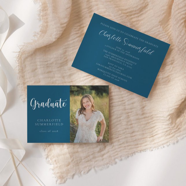 Convites Graduação de Fotos Branco Azul do Marinho de Scrip (Criador carregado)