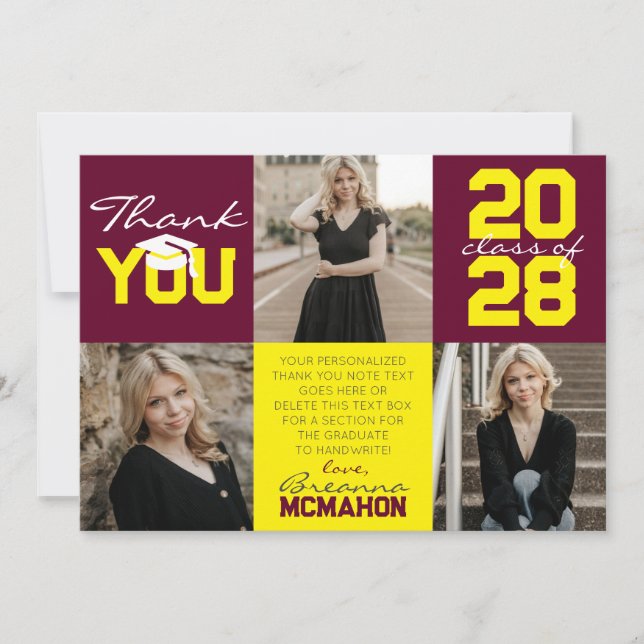 Convites Graduação de Fotos Burgundy & Yellow 3 Obrigado (Frente)