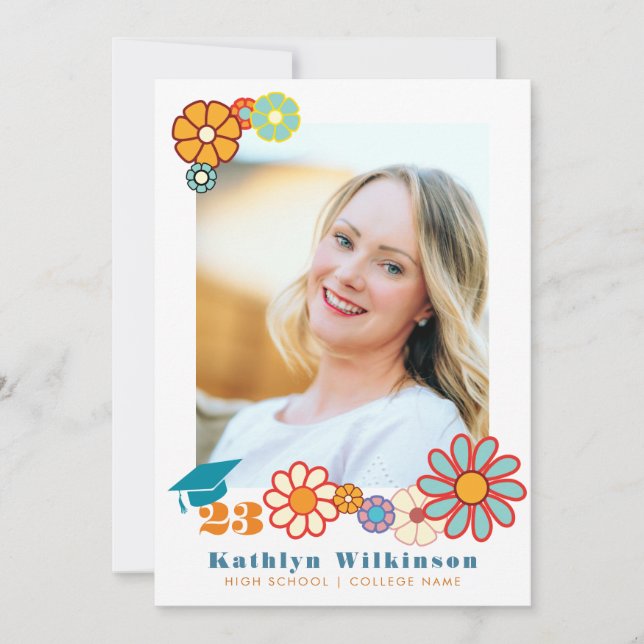 Convites Graduação de Fotos Chic com Script Elegante Floral (Frente)