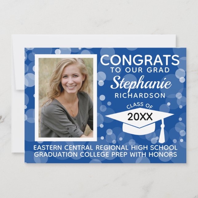 Convites Graduação de Fotos com Bolhas Azuis Modernas (Frente)