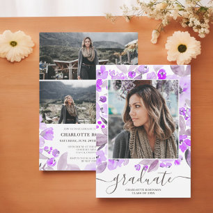 Convites Graduação de fotos com roteiro floral roxo