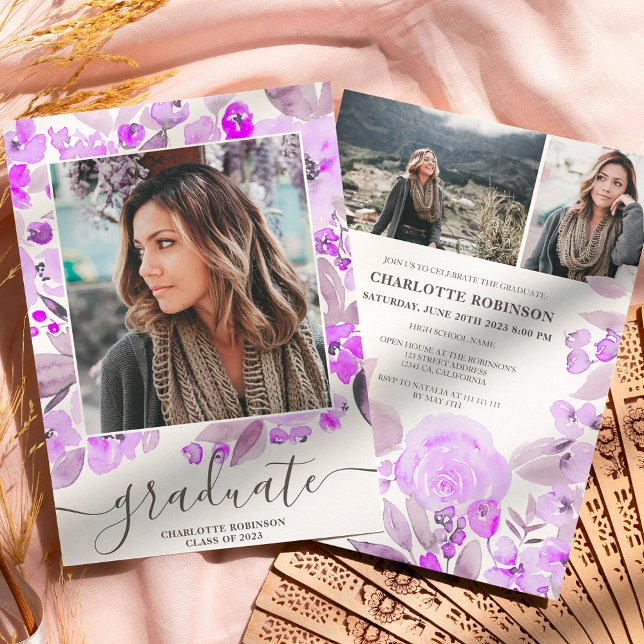 Convites Graduação de fotos com roxo floral verde 3 (Criador carregado)