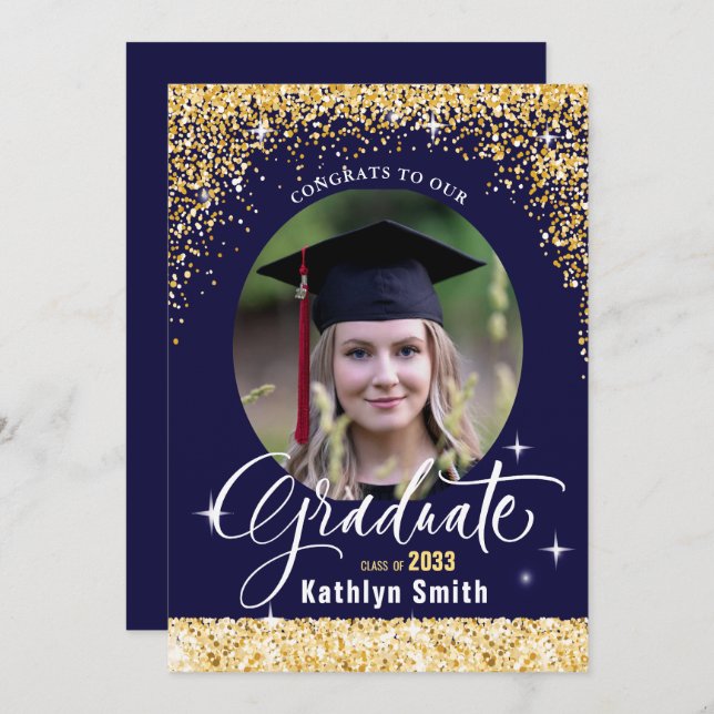 Convites Graduação de Fotos com Script Azul Glitter Dourado (Frente/Verso)