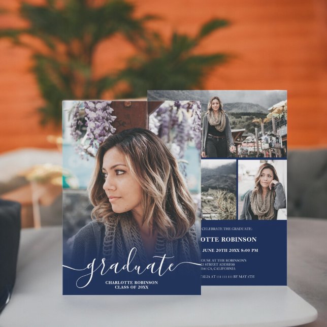 Convites graduação de fotos com script de formando azul mar (Navy blue graduate script photo graduation invitation)
