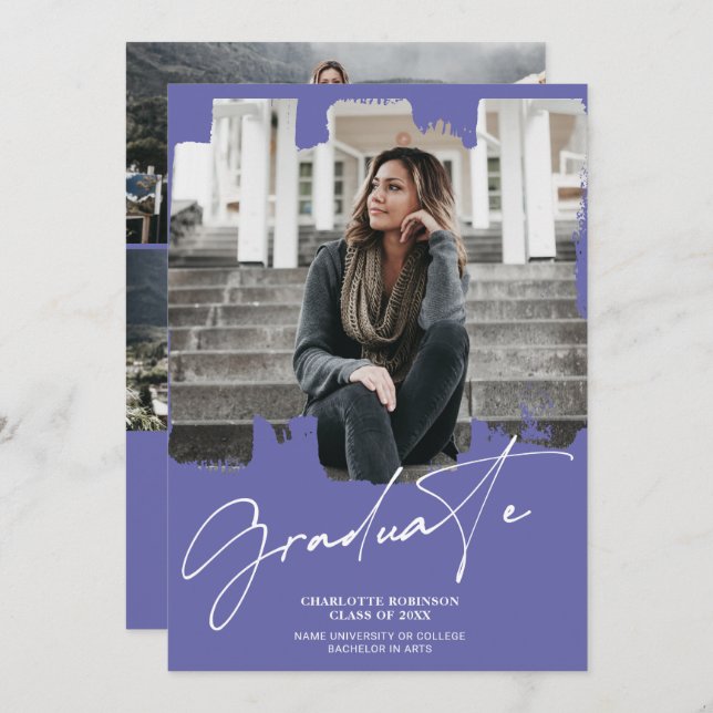 Convites Graduação de fotos com script de formando azul rox (Frente/Verso)
