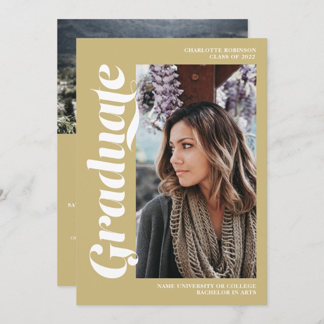 Convites Graduação de fotos com script de formando Dourado  (Frente/Verso)