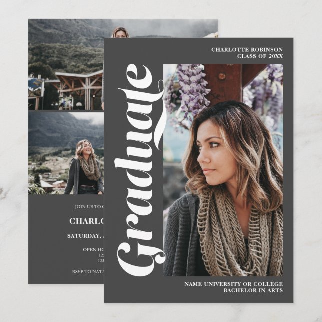 Convites Graduação de fotos com script de formando moderno (Frente/Verso)