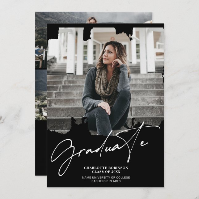 Convites Graduação de fotos com script de formando preto br (Frente/Verso)
