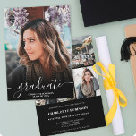 Convites Graduação de fotos com script de formando preto e<br><div class="desc">Graduação de fotos em casa aberta com script de formando preto e branco. Adicione 4 de suas fotos favoritas com uma elegante caligrafia de script e colagem de grade de fotos.</div>