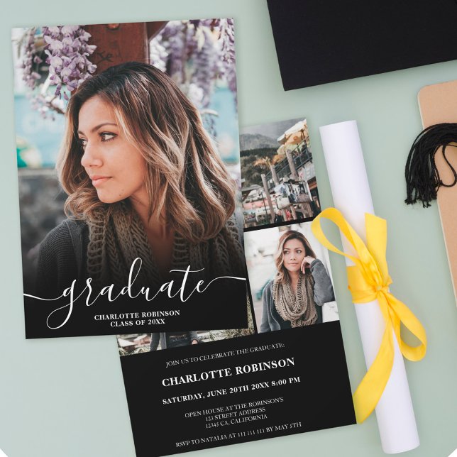 Convites Graduação de fotos com script de formando preto e  (Criador carregado)