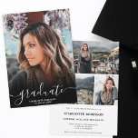 Convites Graduação de fotos com script de formando preto e<br><div class="desc">Graduação de fotos em casa aberta com script de formando preto e branco. Adicione 4 de suas fotos favoritas com uma elegante caligrafia de script e colagem de grade de fotos.</div>