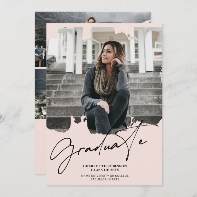 Convites Graduação de fotos com script de formando rosa leg (Frente/Verso)
