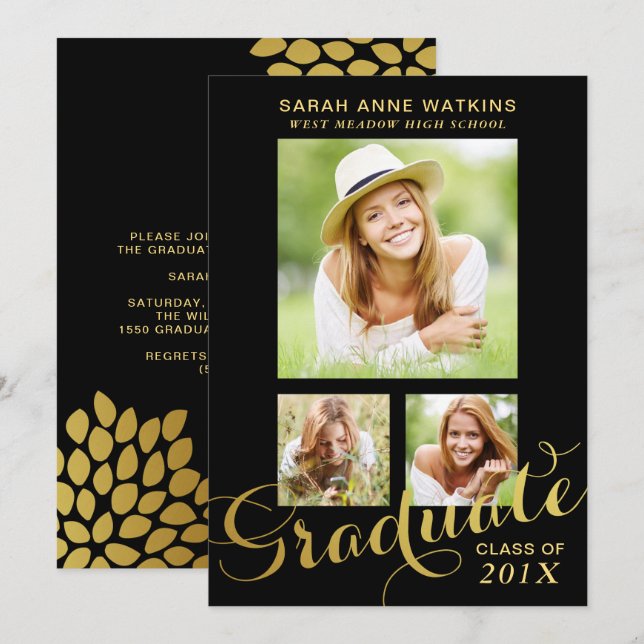 Convites Graduação de Fotos com Script Dourado Preto Três (Frente/Verso)