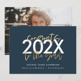 Convites Graduação de fotos com script moderno azul e doura