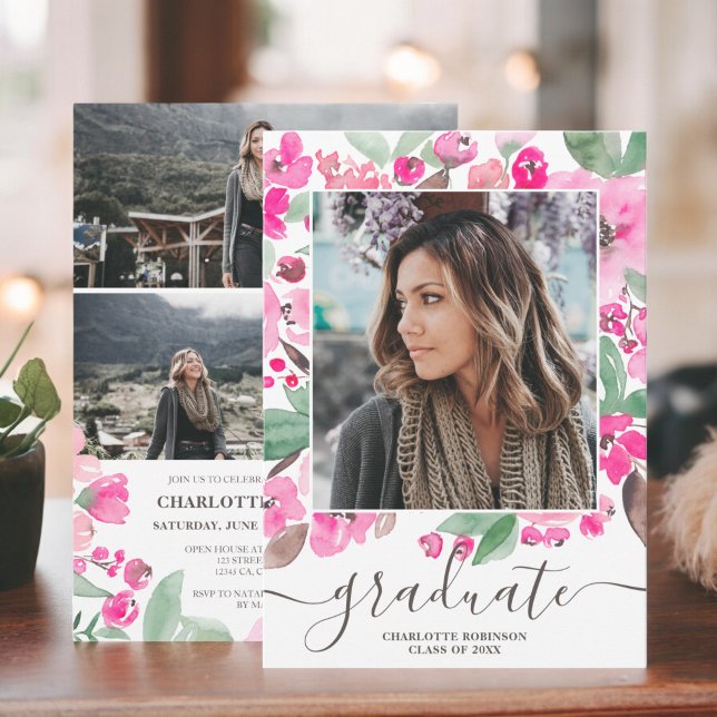 Convites Graduação de fotos com script verde-claro (Bright pink greenery script photo graduation invitation)