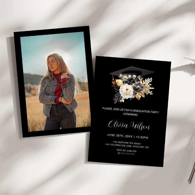 Convites Graduação de Fotos das Flores Douradas Pretas Eleg (Elegant Black White and Gold Flowers photo Graduation Party Invitation)