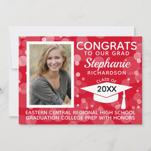 Convites Graduação de Fotos de Bolhas Vermelhas Modernas (Frente)