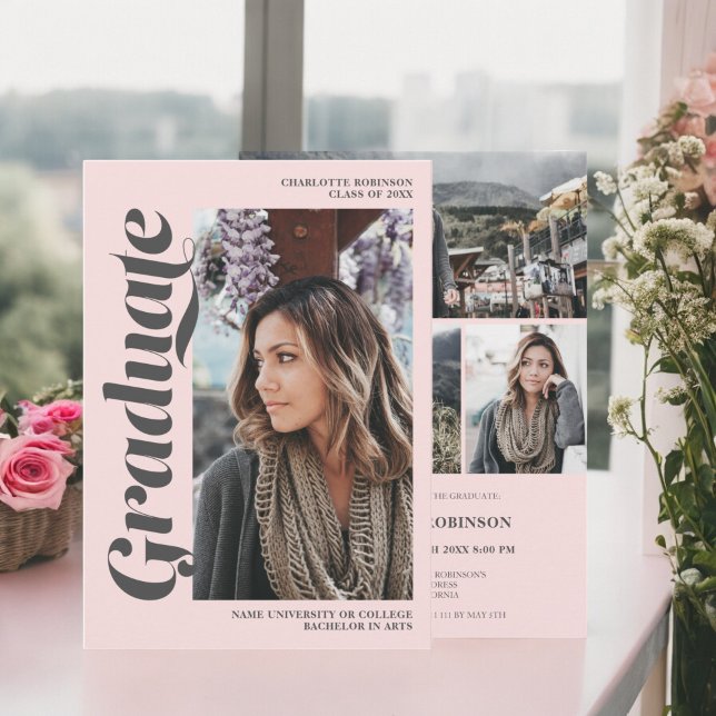 Convites Graduação de fotos de formando de cinza rosa-claro (Blush pink gray graduate script photo graduation invitation)