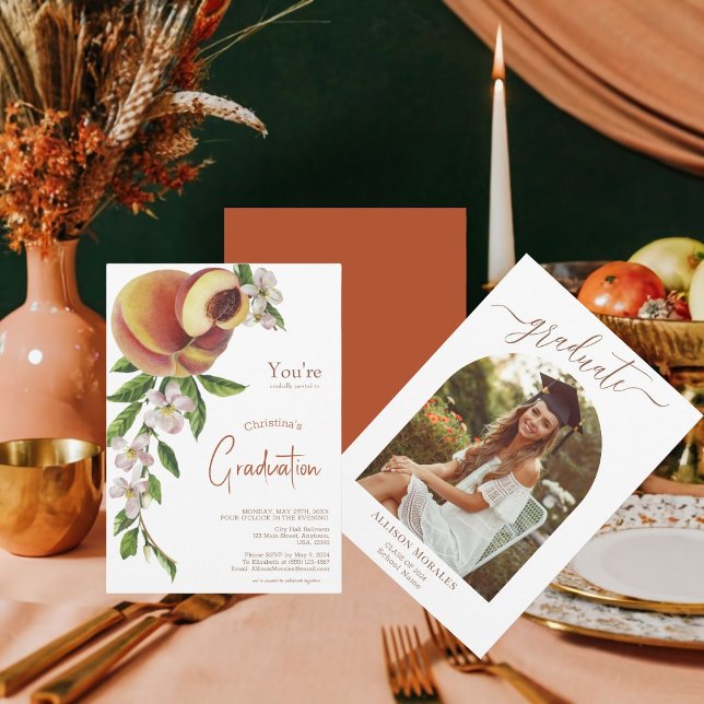 Convites Graduação de Fotos de Pêssego Floral do Citrus Fru (Create a Unique Graduation Invitation with Citrus Fruits and Floral Design!)