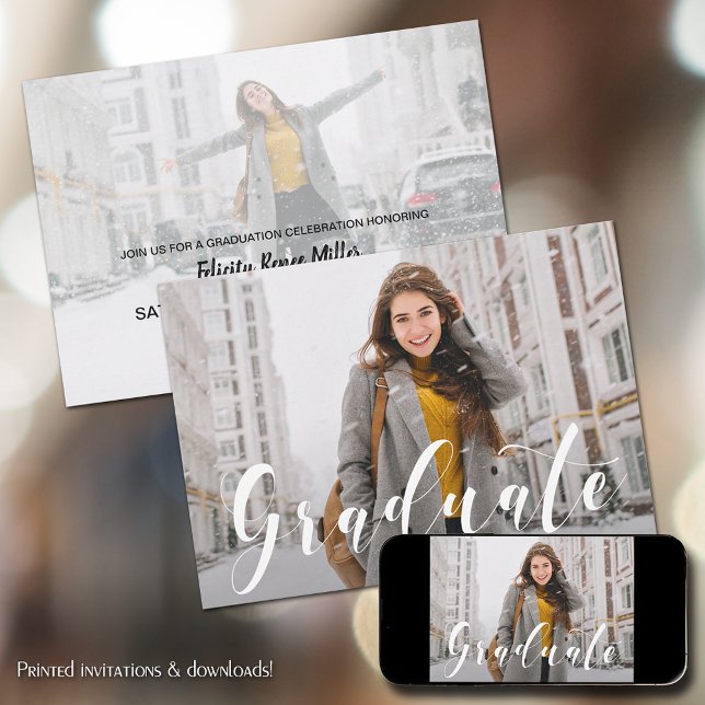 Convites Graduação de Fotos de Script Branco Moderno (Criador carregado)