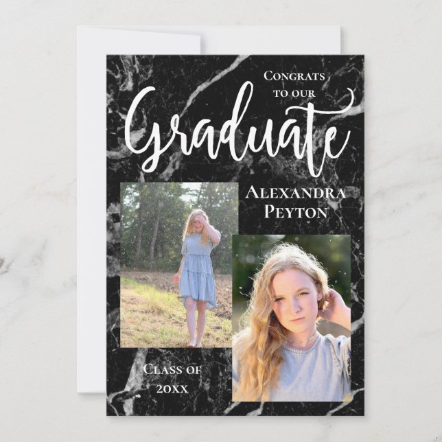 Convites Graduação de Fotos de Script Branco Preto Marble (Frente)