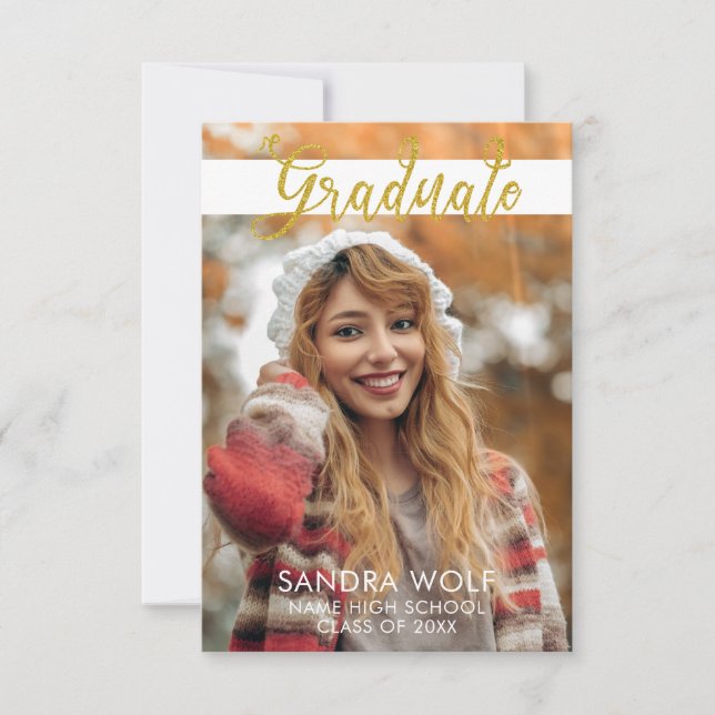 Convites Graduação de Fotos de Script Dourado Moderno (Frente)