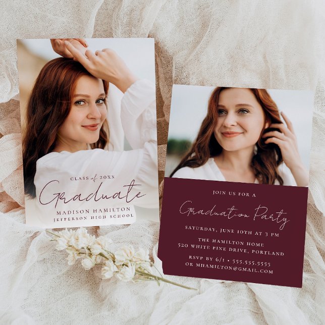 Convites Graduação de Fotos de Script Maroon Manuscrito Mod (Criador carregado)