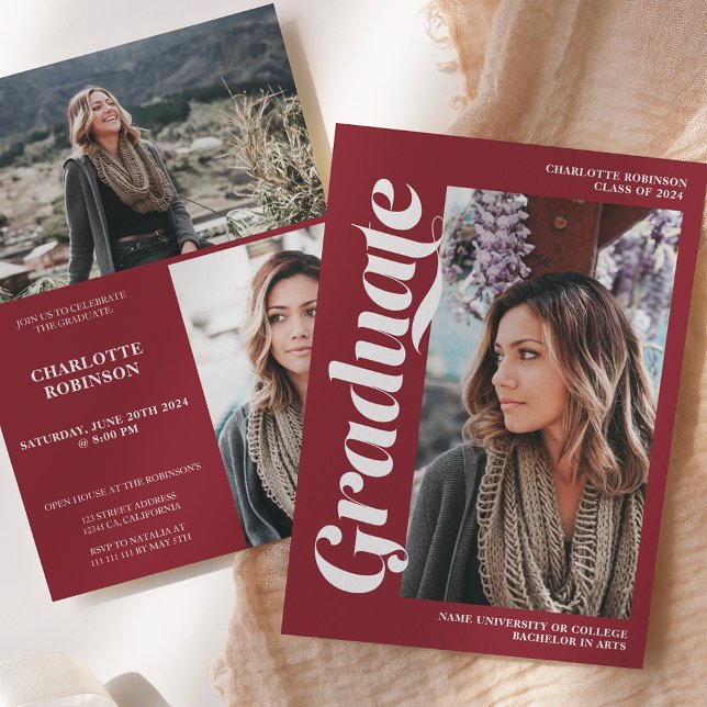 Convites Graduação de fotos do roteiro do formando vermelho (Red graduate script 3 photo graduation invitation)