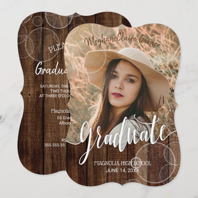 Convites Graduação de Fotos Dourada de Bokeh Script Rustic (Frente/Verso)