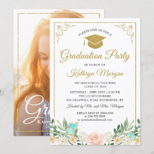 Convites Graduação de Fotos Douradas de Brilho de Pêsseg
