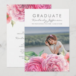 Convites Graduação de Fotos Elegante de Aquarela Floral Ros