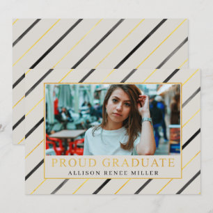 Convites Graduação de Fotos Elegante Moderna Dourada Stripe