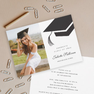 Convites Graduação de fotos em Boné preto e branco de tipo 