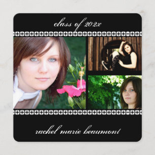 Convites Graduação de Fotos em Borda Floral Preta e Branc