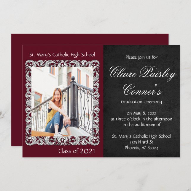 Convites Graduação de Fotos em Borgonha e Preto (Frente/Verso)