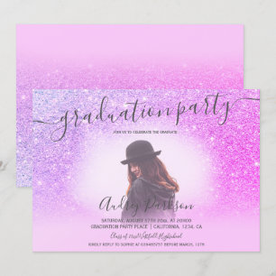 Convites Graduação de fotos em chic pink glitter brilha