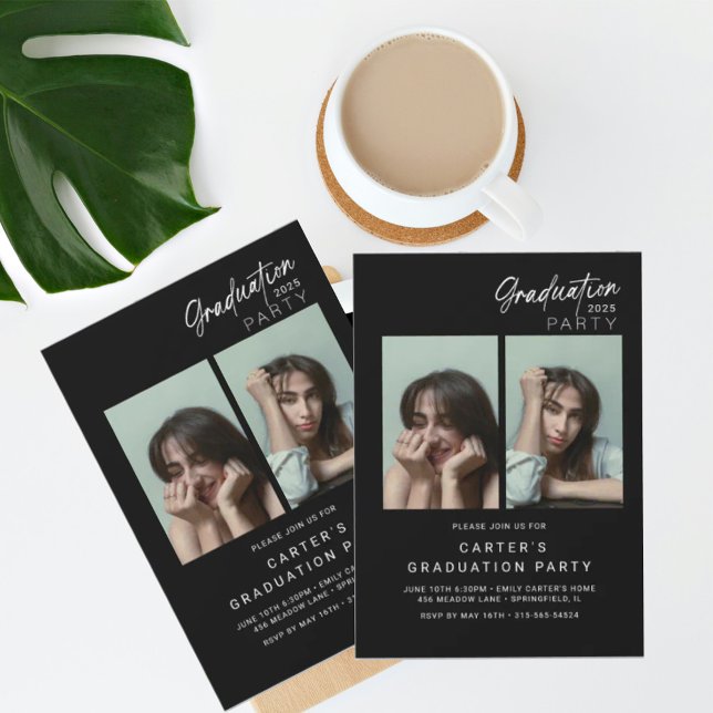 Convites graduação de fotos em chic preto e branco minimali (Criador carregado)
