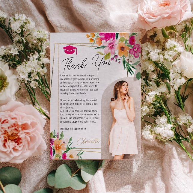 Convites Graduação de fotos em ouro floral no Jardim Boho (Boho garden floral gold photo graduation invitation)