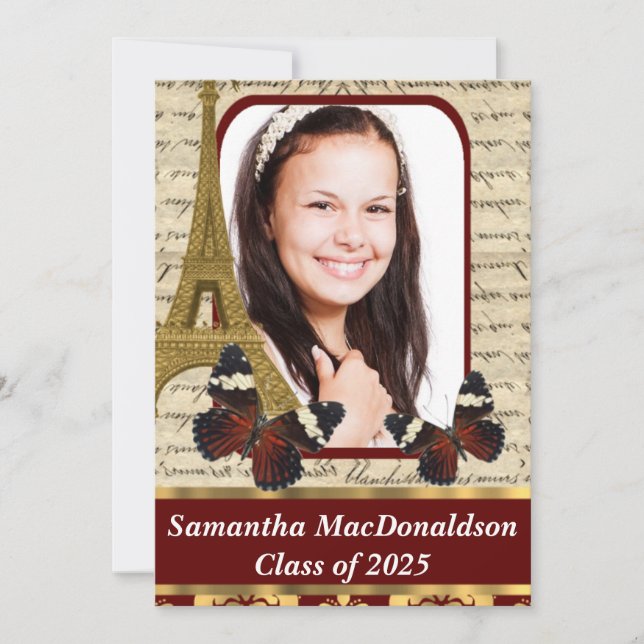 Convites Graduação de fotos em Paris e borboletas (Frente)