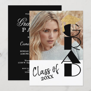 Convites Graduação de Fotos em Preto e Dourado Clássico