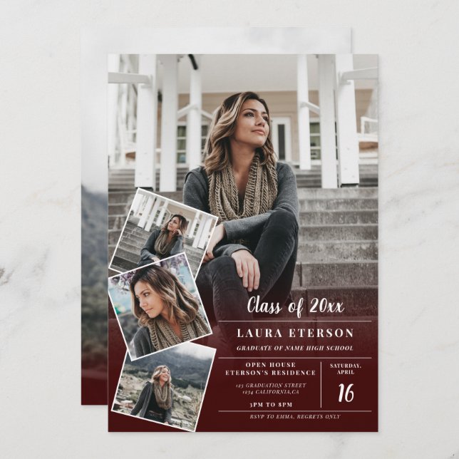 Convites Graduação de fotos minimalista moderna de burgundy (Frente/Verso)