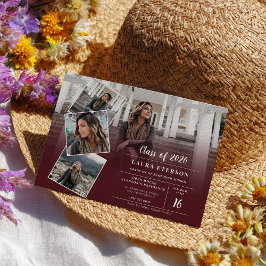 Convites Graduação de fotos minimalista moderna de burgundy