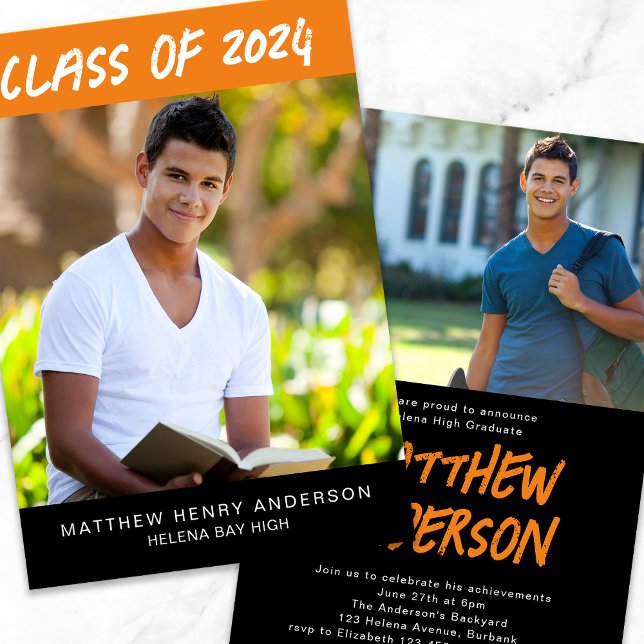 Convites Graduação de Fotos Negras Trendy Orange (Criador carregado)