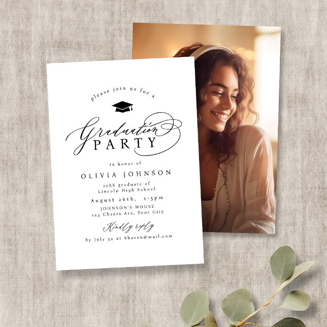 Convites Graduação de Fotos por Caligrafia Moderna Simples (Simple Modern Calligraphy Photo Graduation Invitation)