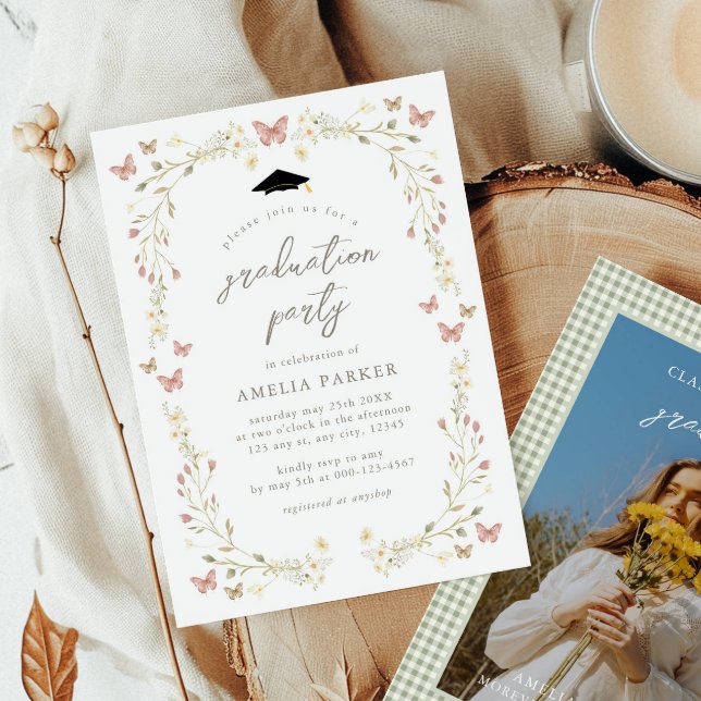 Convites Graduação de Fotos Rosa e Sage da Borboleta de Flo (Criador carregado)