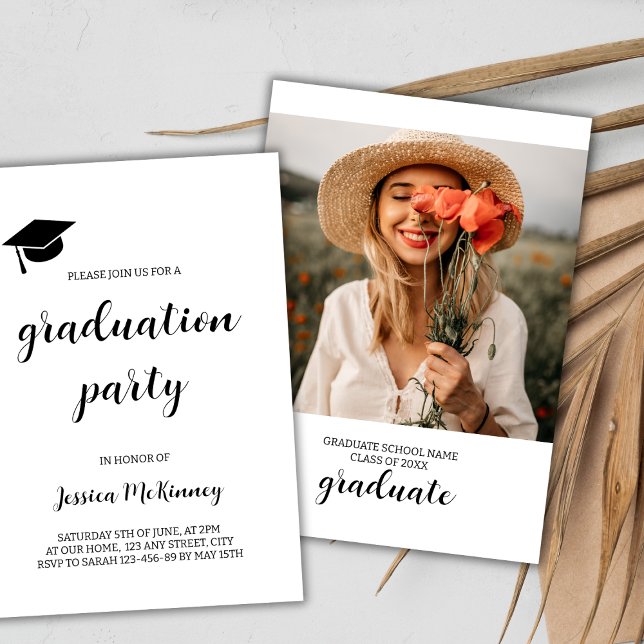Convites Graduação de Fotos Simples, Preta e Branca (simple photo graduation party invitation black and white graduate cap class of 2024)
