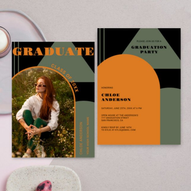 Convites Graduação de Fotos Verde e Laranja na Arca Retroat (Criador carregado)